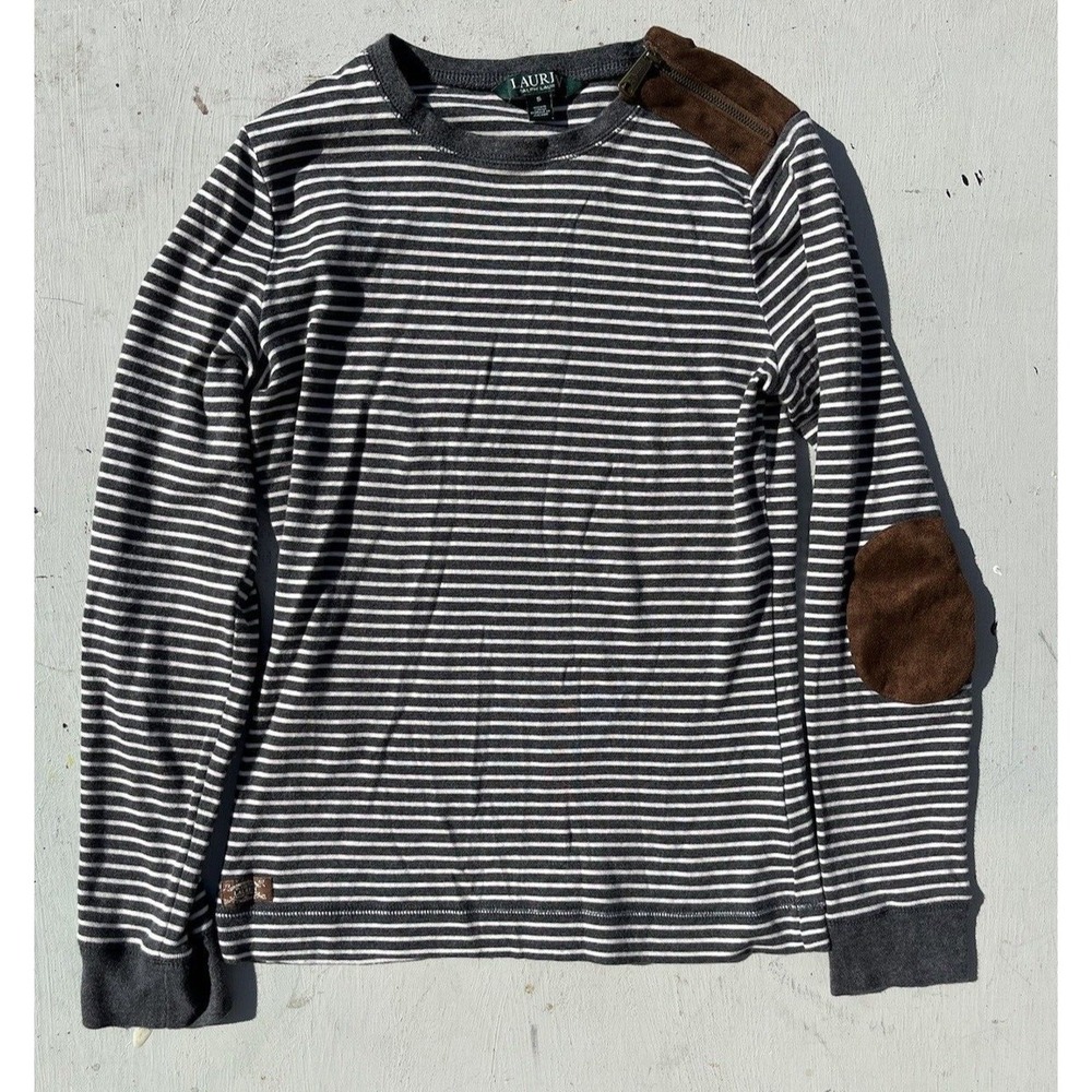 Women's Lauren Ralph Lauren Shirt Gray Striped Long Sleeve S Prep Leather Elbow
